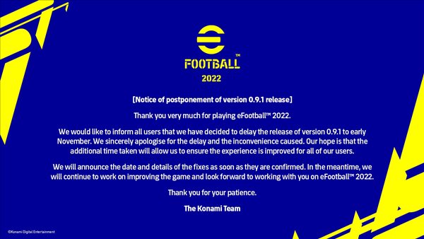 《eFootball 2022》修复补丁官宣跳票 延期至11月初