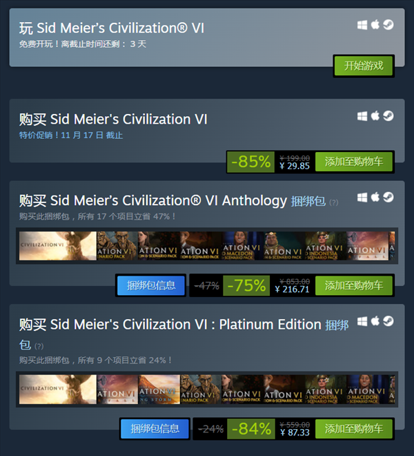 Steam《文明6》周末免费玩 标准版史低价仅29.85元
