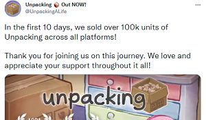《Unpacking》十天内销量突破10万份 官方发推致谢
