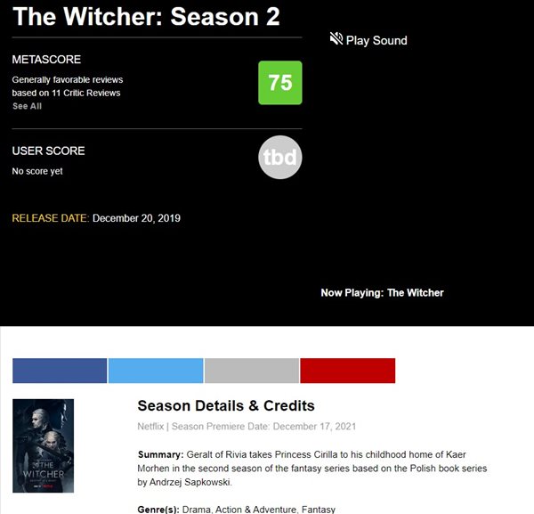 《巫师》第二季媒体评分解禁 M站均分75，GS评7分