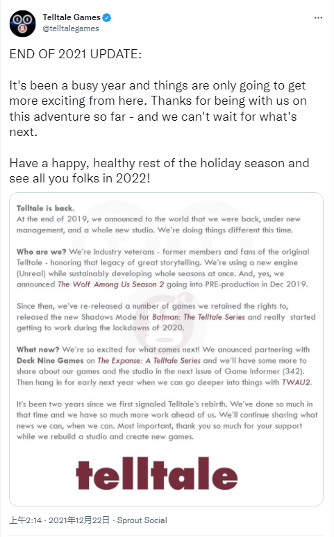 Telltale将会在明年公布新作《与狼同行2》的详细信息