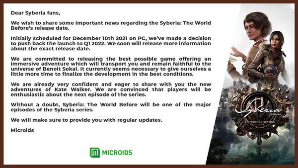 《塞伯利亚之谜：之前的世界》PC版跳票 延期至2022