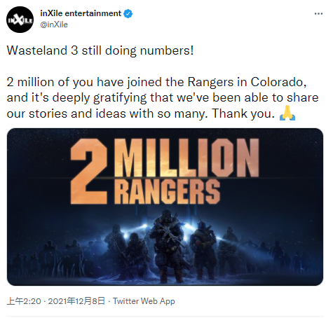 《废土3》全球玩家数突破200万 官方发推感谢支持
