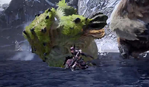 《怪物猎人：崛起》地盘争夺战演示 雪鬼兽扇脸河童蛙