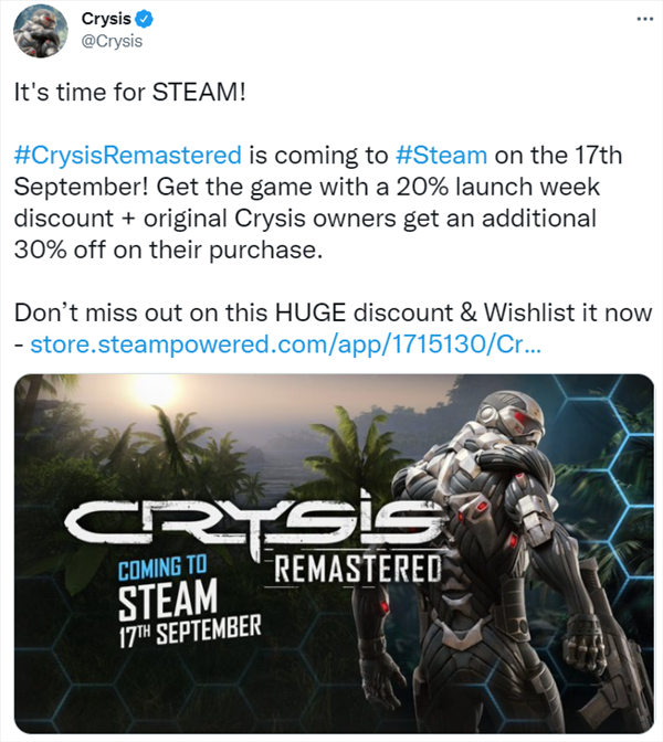 Steam《孤岛危机：复刻版》发售日确认 9月17日上线