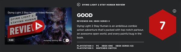 《消逝的光芒2》IGN 7分 玩法出色 ，主线剧情略平庸