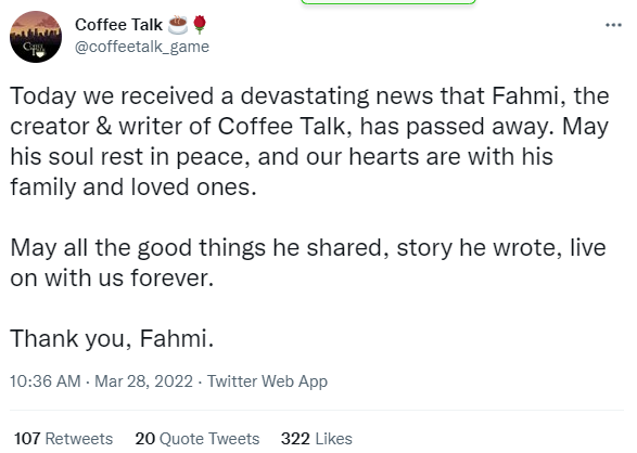 《解忧咖啡馆》制作人Fahmi不幸去世 官方发推特悼念