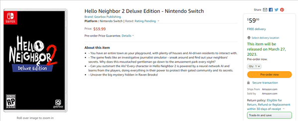 NS版《你好邻居2》亚马逊页面公布 定价59.99美元