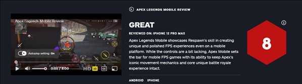 《Apex英雄手游》IGN 8分 行业标杆之一，制作精良
