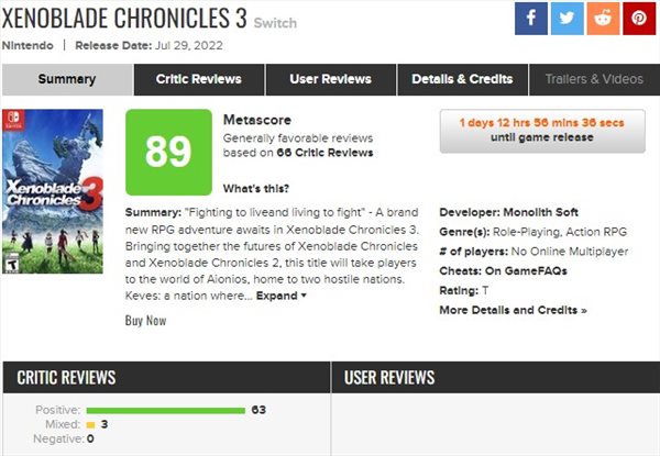 《异度之刃3》媒体评分解禁 M站均分89，特别好评